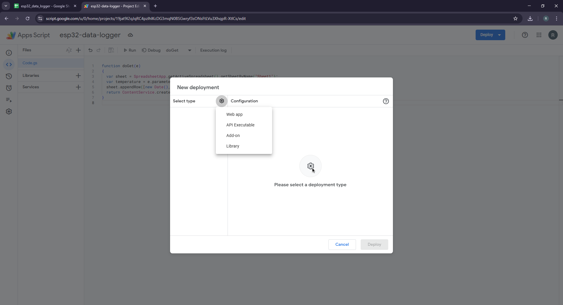 esp32-datalogging-google-sheets-app-scripts-deployment-panel-web-app-selections