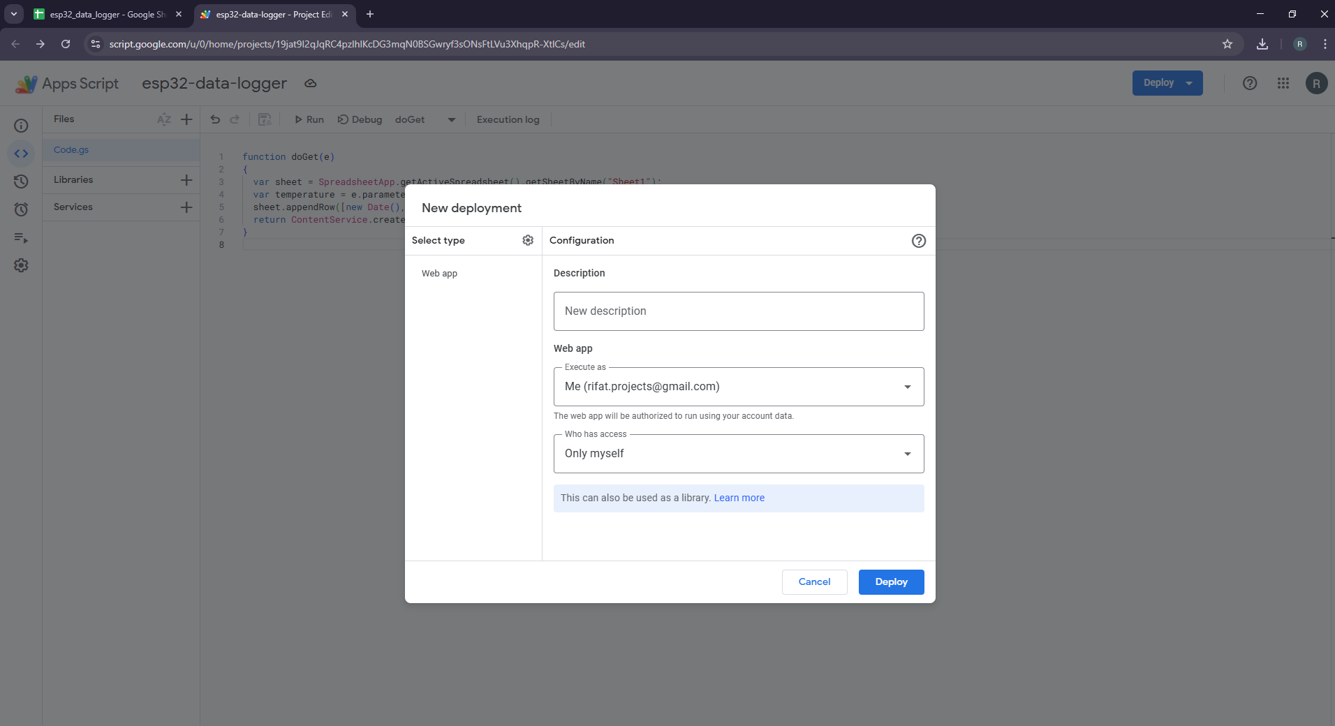 esp32-datalogging-google-sheets-app-scripts-deployment-panel