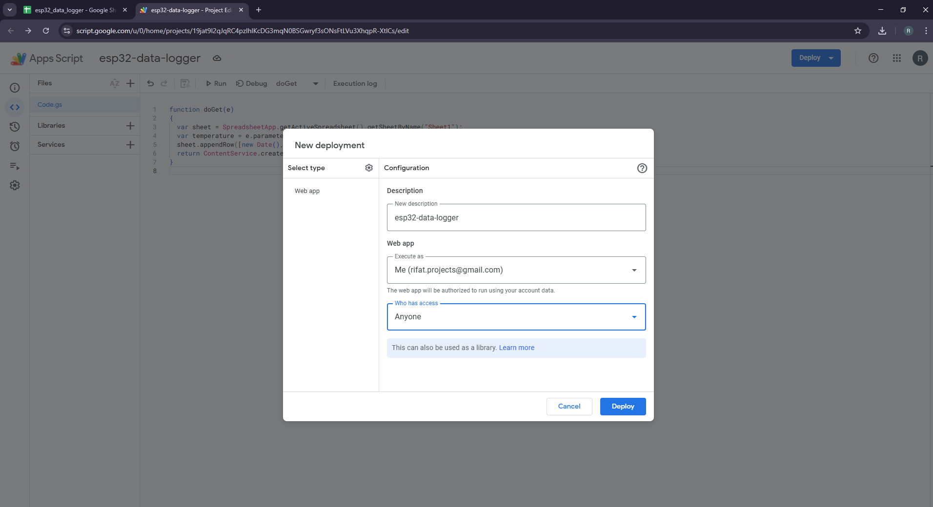 esp32-datalogging-google-sheets-app-scripts-deployment-panel-configuration