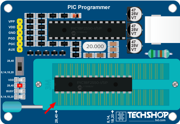 PIC Programmer R2- PIC18F2550 Placement