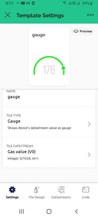 BLYNK IoT app - gauge - template setting