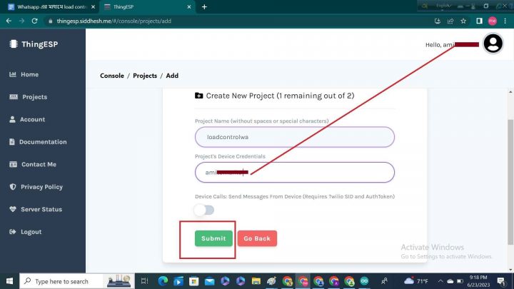 opening an account and creating a project on thingesp